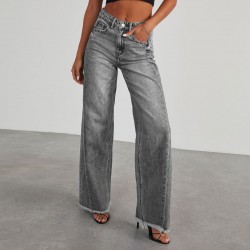 2025 new cross-border Amazon independent foreign trade women's denim trousers. Washed wide-leg denim pants
