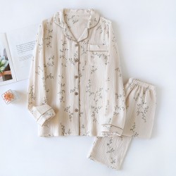 New Women's Pajamas, Pure Cotton Double-Layer Gauze Yarn-Dyed Jacquard Long-Sleeved Pants, Thin Spring, Summer, and Autumn Homewear Sets