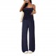Suspender pleated waisted, slimming dark blue retro wide-leg pants, two-piece suit for women, casual straight pants, versatile set.
