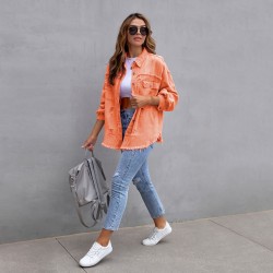 Cross-border new European and American denim jackets for women, solid color, loose-fitting jackets, ripped long-sleeved women's denim shirts, bestsellers.