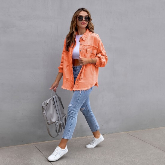 Cross-border new European and American denim jackets for women, solid color, loose-fitting jackets, ripped long-sleeved women's denim shirts, bestsellers. Cross-border new European and American denim jackets for women, solid color, loose-fitting jackets, ripped long-sleeved women's denim shirts, bestsellers.