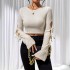 2025 autumn hollow knot side tie flared sleeve T-shirt for women. Knitted, ladylike, slim-fitting long-sleeved top.