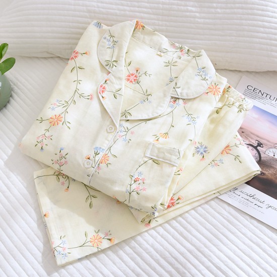 2025 spring new pure cotton gauze pajamas, women's loungewear set, long-sleeved, thin crepe, summer cotton