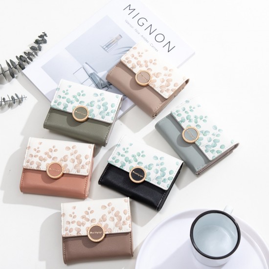 Pruetti 2022 new Korean-style women's short wallet, tri-fold, fresh-looking PU printed large-capacity student wallet