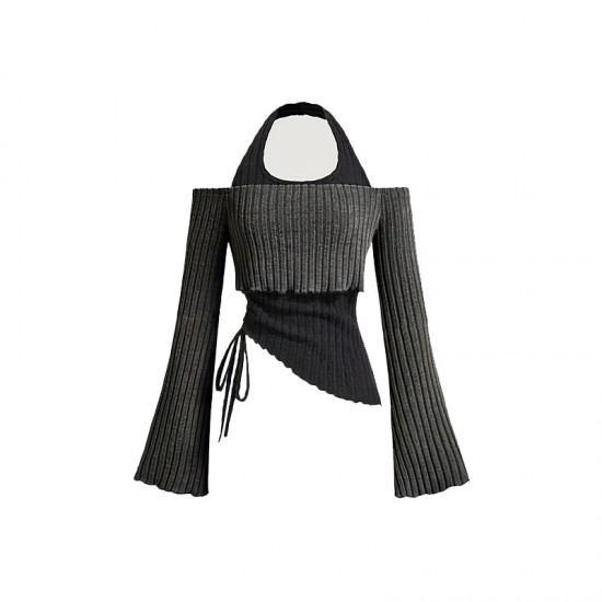 Cross-border European and American women's long-sleeved T-shirts. Contrast-color two-piece halter neck sweater, slimming and hot girl top. Cross-border European and American women's long-sleeved T-shirts. Contrast-color two-piece halter neck sweater, slimming and hot girl top.