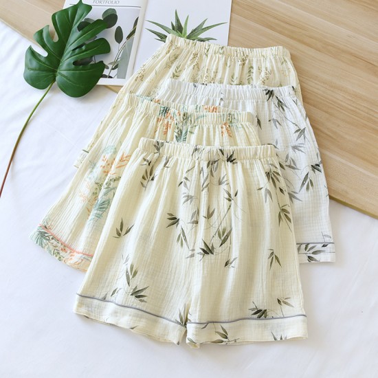 Summer women's shorts, pure cotton double-layer gauze, thin, loose, wrinkled, comfortable, breathable loungewear, suitable for outdoor wear.