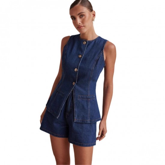 2025 spring and summer new Amazon independent European and American fashion sleeveless waisted high-waisted loose denim shorts set