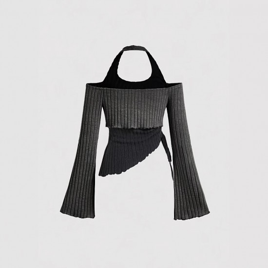 Cross-border European and American women's long-sleeved T-shirts. Contrast-color two-piece halter neck sweater, slimming and hot girl top. Cross-border European and American women's long-sleeved T-shirts. Contrast-color two-piece halter neck sweater, slimming and hot girl top.