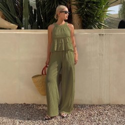 Spring and summer new style ruffled off-the-shoulder halter neck sleeveless shirt for women, fashionable elastic waist casual wide-leg pants set