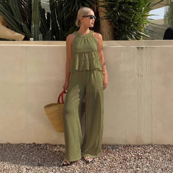 Spring and summer new style ruffled off-the-shoulder halter neck sleeveless shirt for women, fashionable elastic waist casual wide-leg pants set