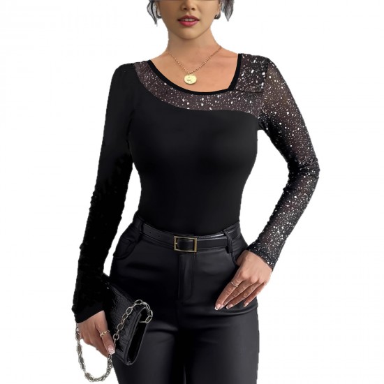 Sexy Hottie Long-Sleeved Top: New Spring and Summer European and American Style Celebrity Mesh Polka Dot Irregular Neck Slim Fit T-Shirt for Women