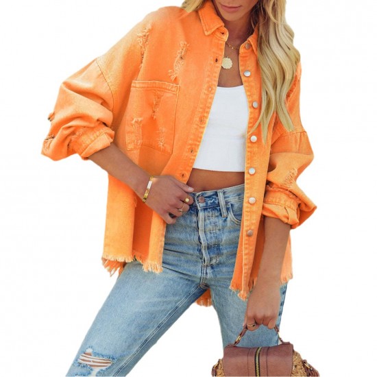 Factory direct sales of 2025 new cross-border European and American lapel, long-sleeved, retro, street style, ripped, raw-edge denim jacket for women.