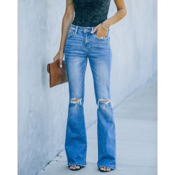 Factory direct sales: American-style flared women's stretch jeans, high-waisted, slimming, 2023 new foreign trade ripped jeans