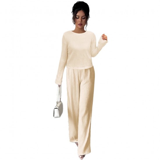 Women's suit with a hollowed-out bow at the back, 2025 summer elegant round-neck long-sleeved top and trousers, two-piece set.