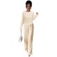 Women's suit with a hollowed-out bow at the back, 2025 summer elegant round-neck long-sleeved top and trousers, two-piece set.
