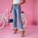Amazon 2024 European and American cross-border high-waisted slim-fit flared jeans for women with a fresh, lace-trimmed hem