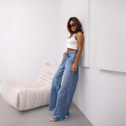 American retro straight-leg ripped jeans for women, European and American cross-border 2025 summer new wide-leg pants for foreign trade