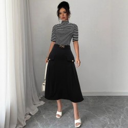 Striped contrasting turtleneck midi skirts for women, elegant slimming and flattering two-piece commuter suits.