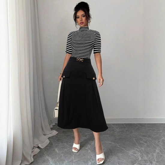 Striped contrasting turtleneck midi skirts for women, elegant slimming and flattering two-piece commuter suits.