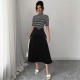 Striped contrasting turtleneck midi skirts for women, elegant slimming and flattering two-piece commuter suits.
