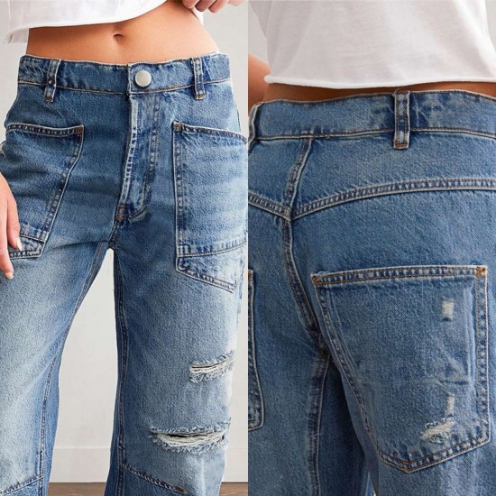 In stock: 2025 new European and American cross-border retro ripped jeans, casual patchwork banana pants, loose straight-leg pants for women. In stock: 2025 new European and American cross-border retro ripped jeans, casual patchwork banana pants, loose straight-leg pants for women.